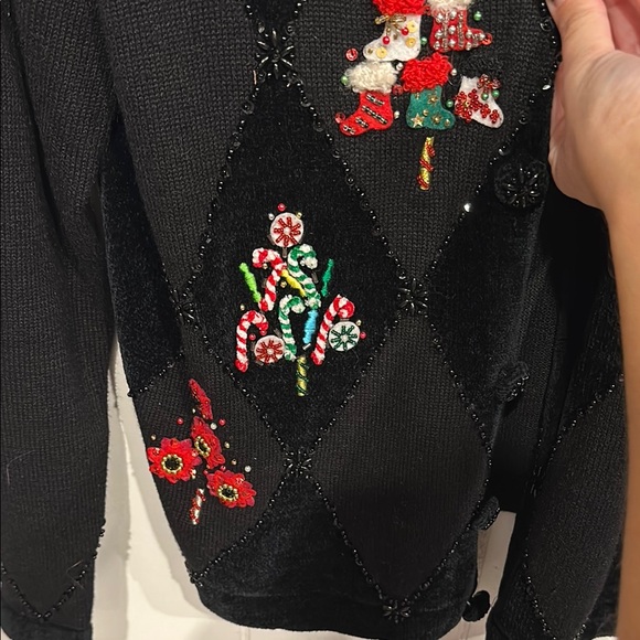 Jack B. Quick Black Festive Cardigan Christmas w/ Sequins beads & fur! - Picture 6 of 11